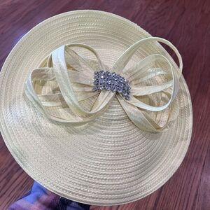 Kentucky Derby Yellow Fascinator Hat with Ribbon and Rhinestone Accent